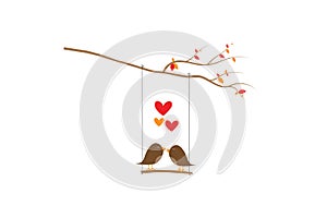 Birds Couple Silhouette Vector, Birds on swing on branch, Colorful Wall Decals, Birds in love in nature in autumn season