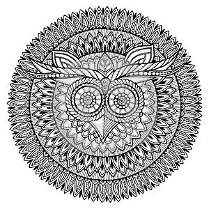 Birds theme. Owl black and white mandala with abstract ethnic aztec ornament pattern.