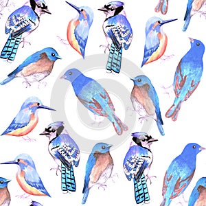 Birds in tints and shades of blue seamless watercolor bird painting background