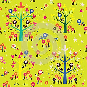 Birds in the trees nature forest seamless pattern