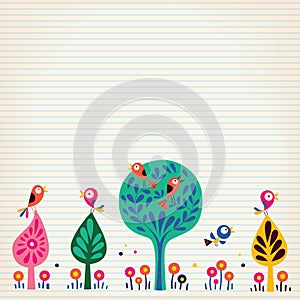 Birds in the trees nature illustration lined paper background