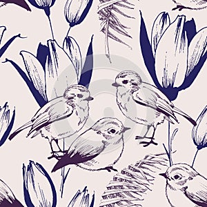 Birds and tulip flowers cute spring seamless pattern