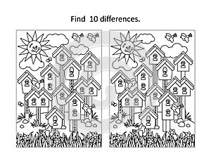 Birds village in spring find the differences picture puzzle and coloring page