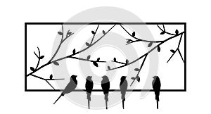 Birds standing on frame of a window, vector. Birds silhouettes on wire isolated on white background. Black and white wall decals