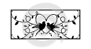 Flying birds silhouettes in a shape of a heart, vector. Romantic birds couple in frame, isolated on white background