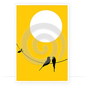 Birds on wire at sunset, vector. Minimalist poster design. Birds silhouettes isolated on white background
