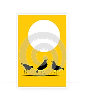 Birds on wire on sunset, vector. Scandinavian minimalist art design. Birds silhouettes isolated on yellow background