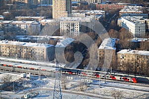 Birdseye top view of city train in Moscow, Russia