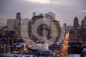 A birdseye view of beautifully lit downtown in Montreal