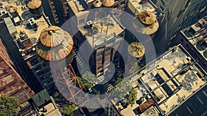 A birdseye view of a citys urban renewal with the traditional silhouette of water towers transformed into modern