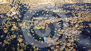 Birdseye view of the forested hills of the mountain foothills in the Hawkesbury region of Sydney