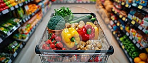 Birdseye View Of A Fullyloaded Supermarket Cart Brimming With Groceries