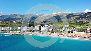 Birdseye view of Himara Beach and Adriatic Sea. Beautiful water Albania Riviera