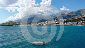 Birdseye view of Himara Beach and Adriatic Sea. Beautiful water Albania Riviera