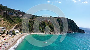 Birdseye view of Himara Beach and Adriatic Sea. Beautiful water Albania Riviera