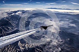 birdseye view of jet surpassing sound barrier over mountains