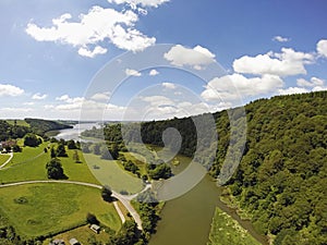 Birdseye view Lopwell dam RiverTavy Dartmoor Devon Uk