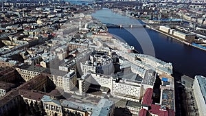 Birdseye view of Neva river and central areas of Saint Petersburg, Russia. Stock footage. Aerial view of summer city