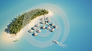 Birdseye view of palm island with bungalows and leaning palms 3d render