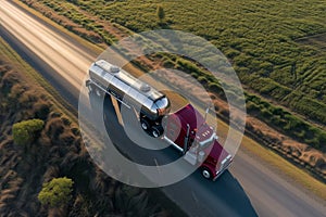 birdseye view of a tanker truck navigating country road