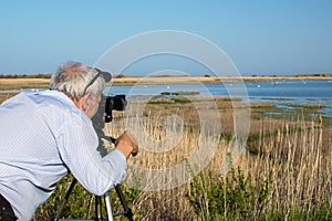 Birdwatcher with digital camera in moorland natural reserve