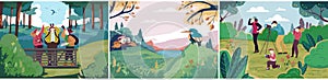 Birdwatching in nature, people outdoor hobby, ornithology bird observation, vector illustration
