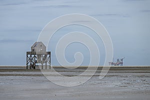 Birdwatching post on the Engelmansplaat island in the Wadden Sea in the north of the Netherlands