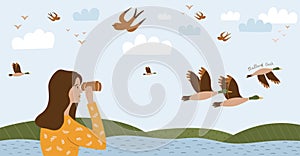 Birdwatching poster, birding. Ornithology horizontal banner template. Girl looks through binoculars, woman watches the