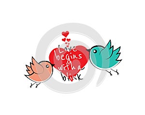 Cute colorful birds holding heart, vector. Birds cartoon illustration isolated on white background. Art design, artwork