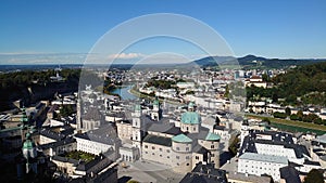 Birdâ€™s eye view of the Salzach River and the City of Salzburg, from Festung Hohensalzburg High Salzburg Fortress , Austria