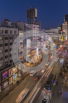 Birdâ€™s view of the Japanese youth culture fashionâ€™s district crossing intersection of Harajuku Laforet named champs-Ã©lysÃ©es