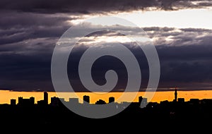 Birmingham city skyline silhouette at sunset