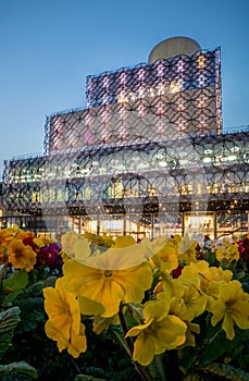 Birmingham library and spring flowers at Centenary Square