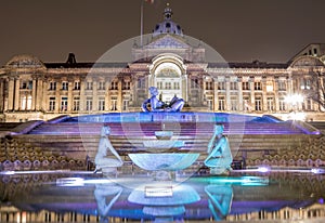 Birmingham Town Hall and water fountain at night photo