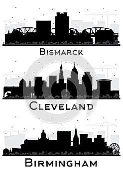 Birmingham UK, Bismarck North Dakota and Cleveland Ohio City Skyline Silhouette Set