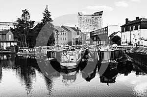 Birmingham, UK. Boats moored in the evening