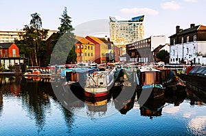 Birmingham, UK. Boats moored in the evening