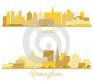 Birmingham UK and Brussels Belgium City Skyline Silhouette set with Golden Buildings Isolated on White. Cityscape with Landmarks