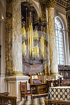 BIRMINGHAM, UK - March 2018 Intricate Art Carvings and Cherub Faces Decorate the Organ Pipes at St. Philip Cathedral