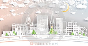 Birmingham UK. Winter City Skyline in Paper Cut Style with Snowflakes, Moon and Neon Garland. Christmas and New Year Concept.