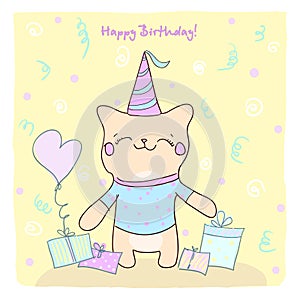 Birtday card with cute kitty and gifts.