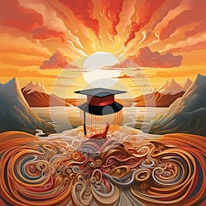 The Birth of Achievement: Graduation Cap Emerging from a Rising Sun