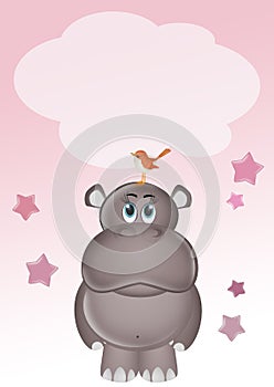 birth announcement card for baby girl with hippo