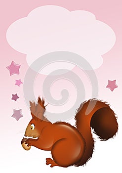 Birth announcement card for baby girl with squirrel