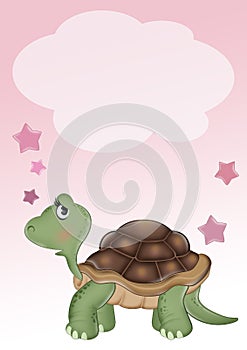 Birth announcement card for baby girl with turtle