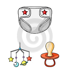 Birth of a baby cartoon icons in set collection for design. Newborn and accessories vector symbol stock web illustration