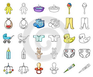 Birth of a baby cartoon,outline icons in set collection for design. Newborn and accessories vector symbol stock web