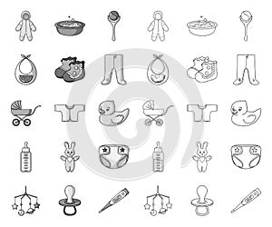 Birth of a baby mono,outline icons in set collection for design. Newborn and accessories vector symbol stock web