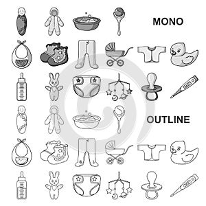 Birth of a baby monochrom icons in set collection for design. Newborn and accessories vector symbol stock web