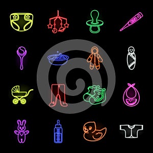 Birth of a baby neon icons in set collection for design. Newborn and accessories vector symbol stock web illustration.